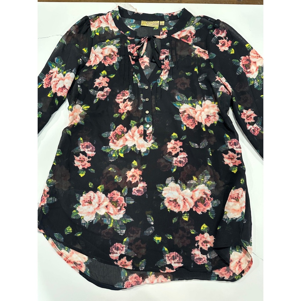 Floral Sheer Blouse Black Pink Rose Tie Neck Top Large